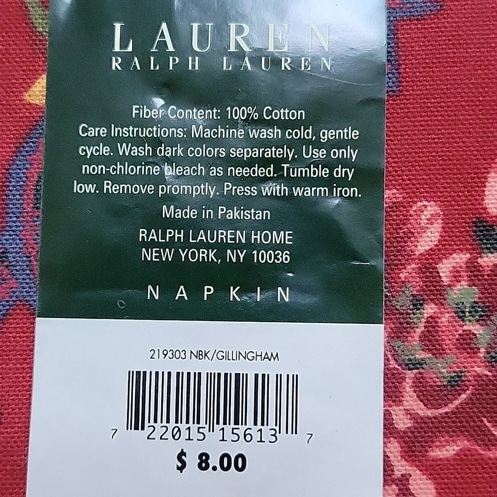 Ralph Lauren Christmad Red Green 100% Cotton Napkin Dish Towel Square 19